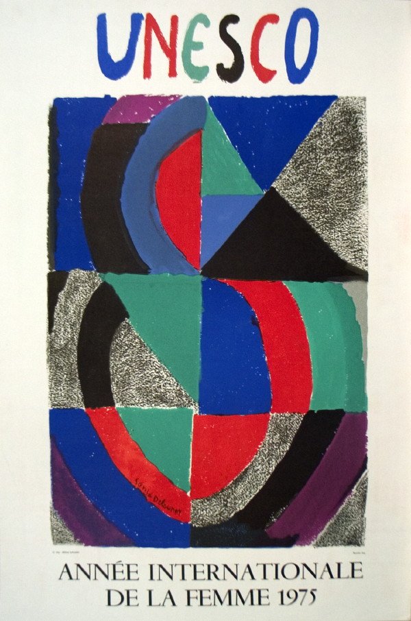 1975 Delaunay Unesco Mourlot Lithograph: Reference #: ULXX9459 Artist Last Name: Delaunay Artist First Name: Sonia Title: Unesco Medium: Lithograph Paper Height: 30.5 inches Paper Size Width: 20 inches Image Height: 21.75 inches Image Width: