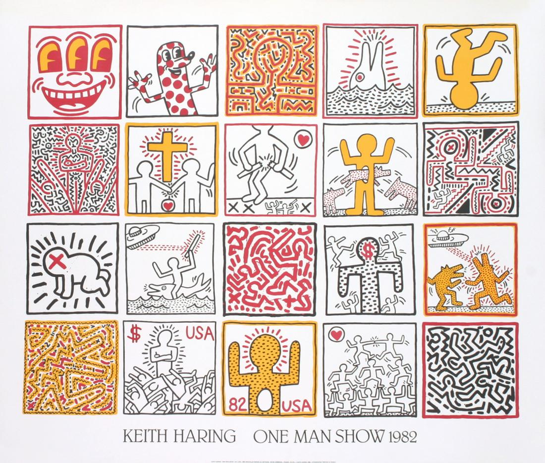 Keith Haring - One Man Show - 1986 Offset Lithograph: "One Man Show" by Keith Haring, 1986 Unsigned Offset Lithograph. Paper size is 33.5 x 39.25 inches, with an image size of 28.25 x 35.5 inches. The Offset Lithograph is from an unknown edition size. an
