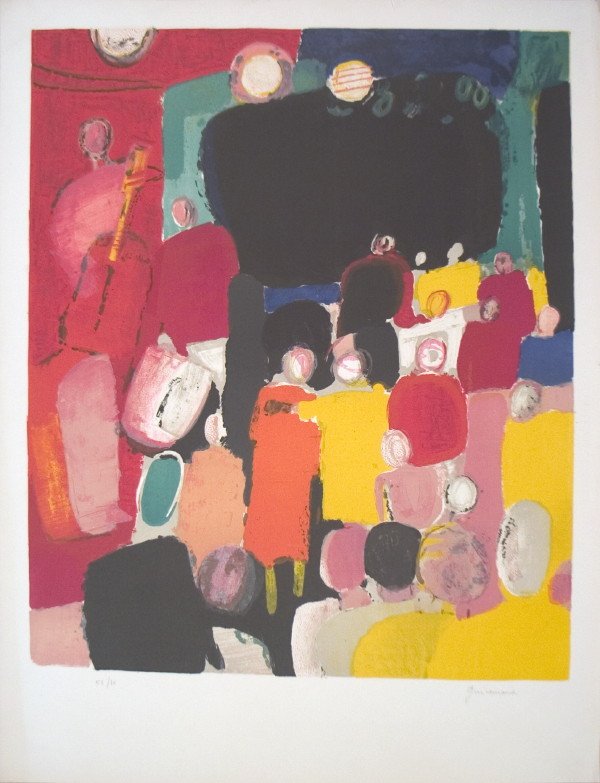 Signed Guiramand Colorful Crowd Mourlot Litho: Reference #: ULXX9674-B Artist Name: Guiramand, Paul Title: Colorful Crowd Medium: Lithograph Edition Size: 80 Year: Unknown Paper Height: 23.25 inches Paper Size Width: 20.25 inches Image Height: 21.