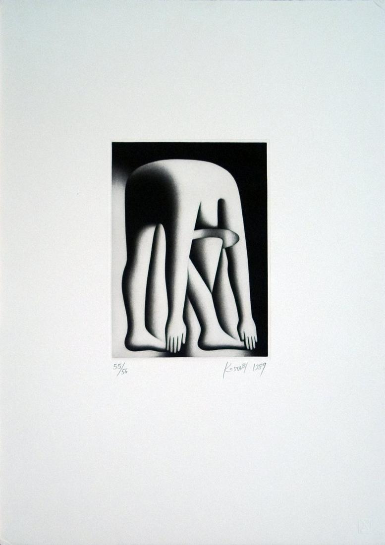 Mark Kostabi - Body By Jake, 1989 - 1990 Etching -: "Body By Jake, 1989" by Mark Kostabi, 1990 Signed Etching. Paper size is 21 x 15 inches, with an image size of 8.5 x 6 inches. The Etching is from an edition size of 56 and is not framed. The conditio