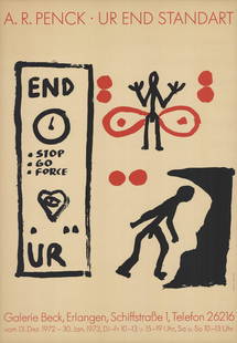 A.R. Penck - Ur End Standart - 1972 Lithograph 39.5" x: "Ur End Standart" by A.R. Penck, 1972 Unsigned Lithograph. Paper size is 39.5 x 27.5 inches, with an image size of 39.5 x 27.5 inches. The Lithograph is from an unknown edition size. and is not framed