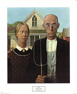 Grant Wood - American Gothic - 1982 Offset Lithograph 25.5" x 21": "American Gothic" by Grant Wood, 1982 Unsigned Offset Lithograph. Paper size is 25.5 x 21 inches, with an image size of 20.5 x 17 inches. The Offset Lithograph is from an unknown edition size. and is