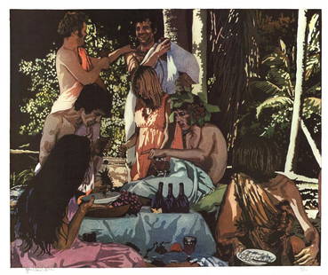 John Clem Clarke - Bacchanal - 1972 Lithograph - SIGNED 22" x 26": "Bacchanal" by John Clem Clarke, 1972 Signed Lithograph. Paper size is 22 x 26 inches, with an image size of 20.75 x 25 inches. The Lithograph is from an edition size of 200 and is not framed. The con