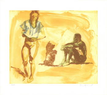 Eric Fischl - Beach Scene with Poodle - 1997 Etching - SIGNED 25.75" x 28.75": "Beach Scene with Poodle" by Eric Fischl, 1997 Signed Etching. Paper size is 25.75 x 28.75 inches, with an image size of 19.75 x 23.75 inches. The Etching is from an unknown edition size. and is not f