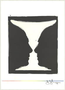 Jasper Johns - Cup, Two Picasso Profiles - 1973 Lithograph 20" x 16": "Cup, Two Picasso Profiles" by Jasper Johns, 1973 Unsigned Lithograph. Paper size is 20 x 16 inches, with an image size of 14.75 x 10.5 inches. The Lithograph is from an unknown edition size. and is