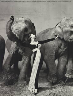 Richard Avedon - Dovima with Elephants - 1978 Offset Lithograph 27.75" x 21.25": "Dovima with Elephants" by Richard Avedon, 1978 Unsigned Offset Lithograph. Paper size is 27.75 x 21.25 inches, with an image size of 27.75 x 21.25 inches. The Offset Lithograph is from an unknown