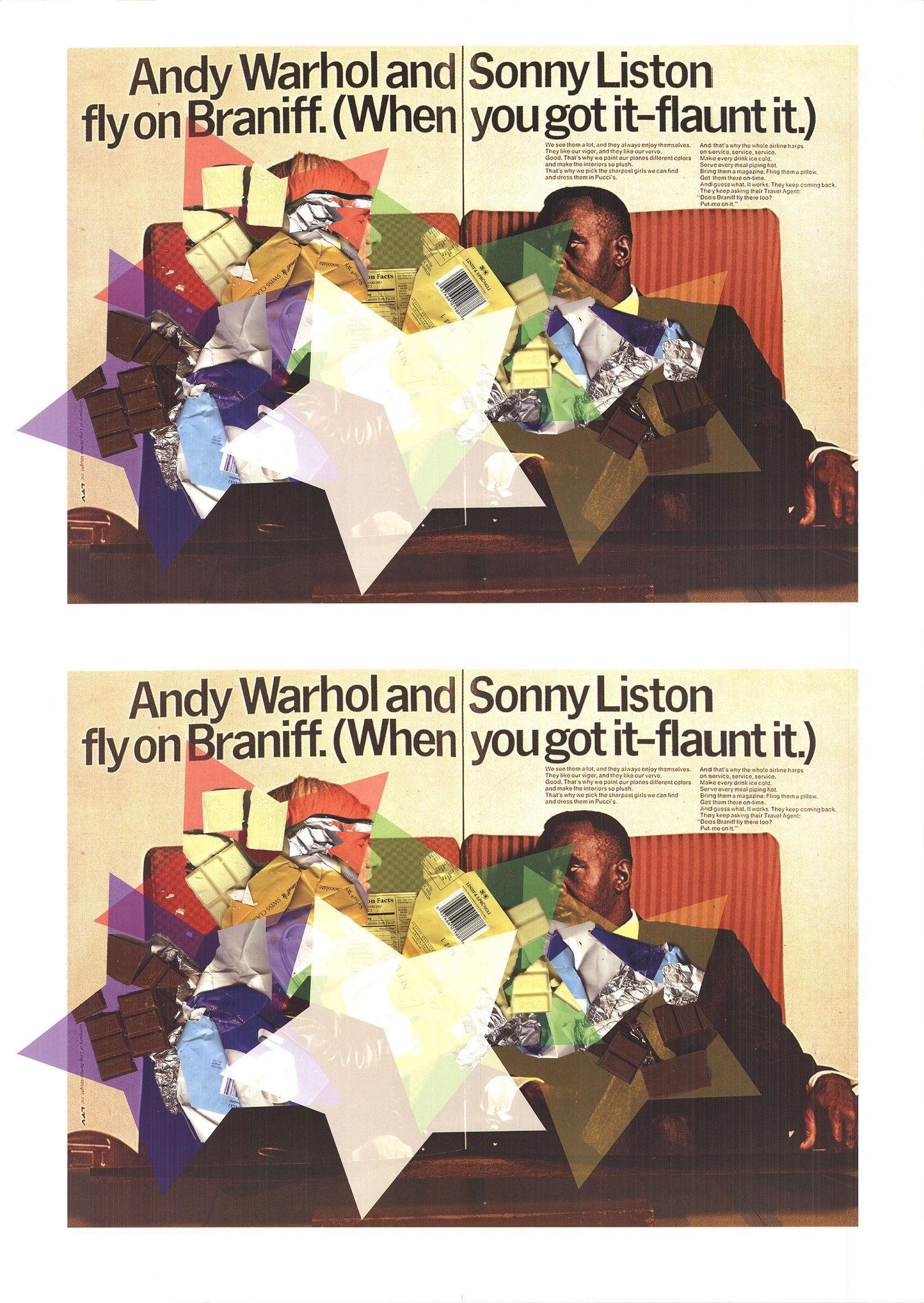 Kelley Walker - Andy Warhol Sonny Liston Fly on Braniff. (When You've got it-Flaunt it) - 2016: "Andy Warhol Sonny Liston Fly on Braniff. (When You've got it-Flaunt it)" by Kelley Walker, 2016 Signed Offset Lithograph. Paper size is 40.25 x 28 inches, with an image size of 17.25 x 24 inches. The