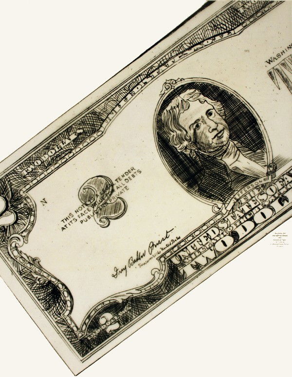 Warhol Two-Dollar Bill w/ Jefferson Detail Poster: Reference #: ULYY8926 Artist Name: Warhol, Andy Title: Two-Dollar Bill with Jefferson (Detail) Medium: Offset Lithograph Edition Size: Unknown Year: 1990 Paper Size: 24.5 x 19 inches Image Size: 24.5