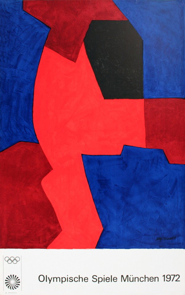 1972 Poliakoff Munich Olympics Lithograph: Reference #: ULYY7292 Artist Name: Poliakoff, Serge Title: Munich Olympics Medium: Lithograph Edition Size: Unknown Year: 1972 Paper Size: 39.75 x 25 inches Image Size: 33.75 x 25 inches Condition: B-