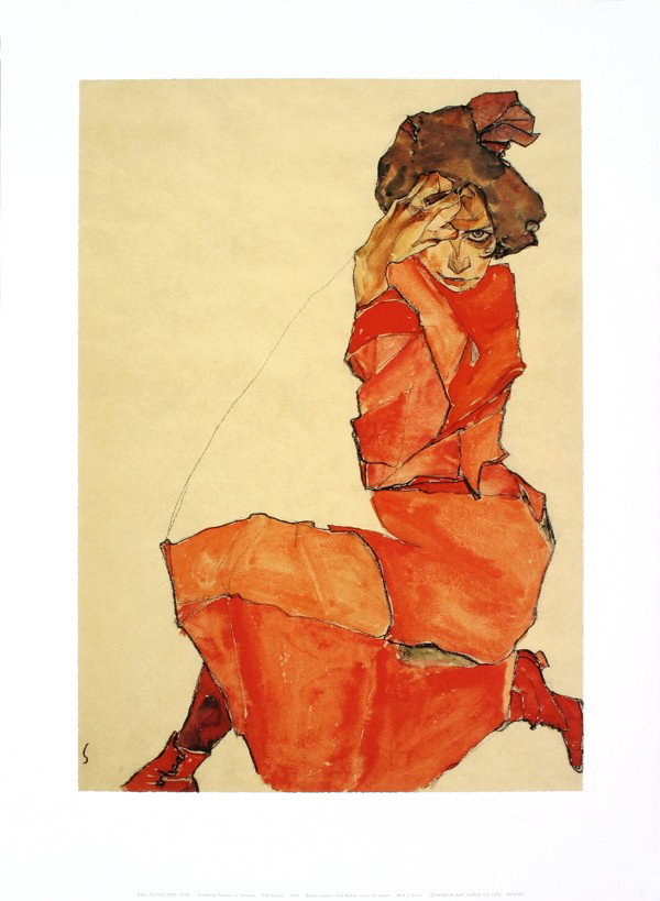Schiele Kneeling Female in Orange Giclee: Reference #: ULYY7293 Artist Name: Schiele, Egon Title: Kneeling Female in Orange Medium: Giclee Edition Size: Unknown Year: Unknown Paper Size: 22.25 x 16.5 inches Image Size: 17.5 x 12.5 inches Cond