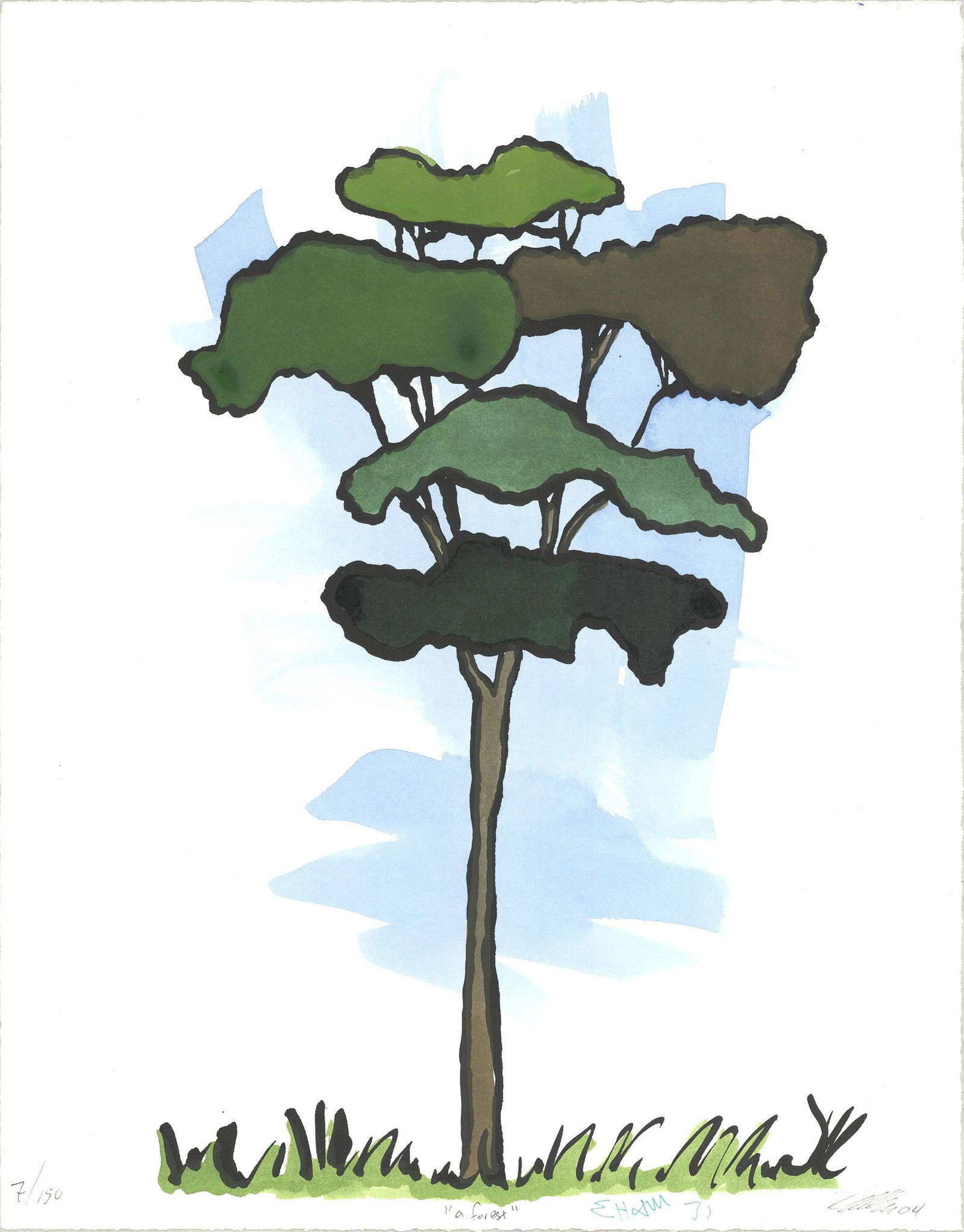 Dave Muller - A Forest - 2004 Mixed Media - SIGNED 14" x 11": "A Forest" by Dave Muller, 2004 Signed Mixed Media. Paper size is 14 x 11 inches, with an image size of 14 x 11 inches. The Mixed Media is from an edition size of 150 and is not framed. The condition