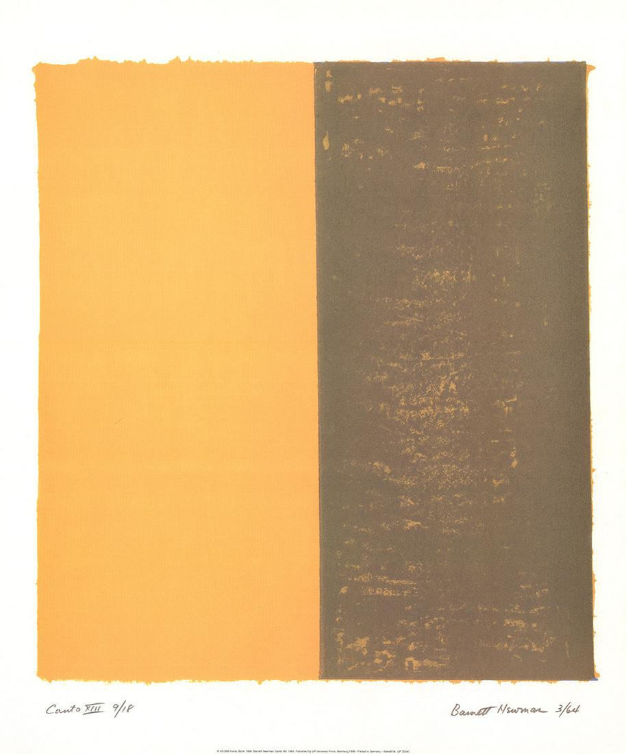Barnett Newman - Canto XIII - 1998 Offset Lithograph 23.5" x 19.5": "Canto XIII" by Barnett Newman, 1998 Unsigned Offset Lithograph. Paper size is 23.5 x 19.5 inches, with an image size of 19.25 x 17.25 inches. The Offset Lithograph is from an unknown edition size. an