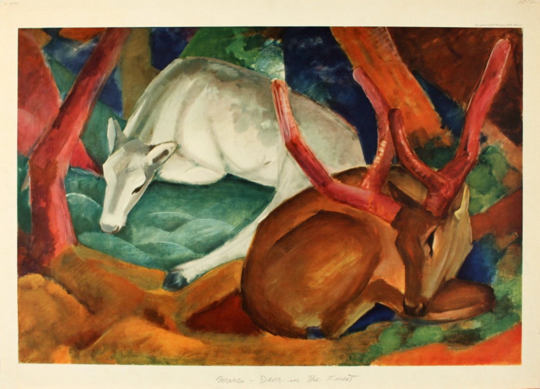 Marc Deer in the Forest Poster: Reference #: ULYY7310 Artist Name: Marc, Franz Title: Deer in the Forest Medium: Offset Lithograph Edition Size: Unknown Year: Unknown Paper Size: 24.25 x 33.75 inches Image Size: 21 x 31.5 inches Con