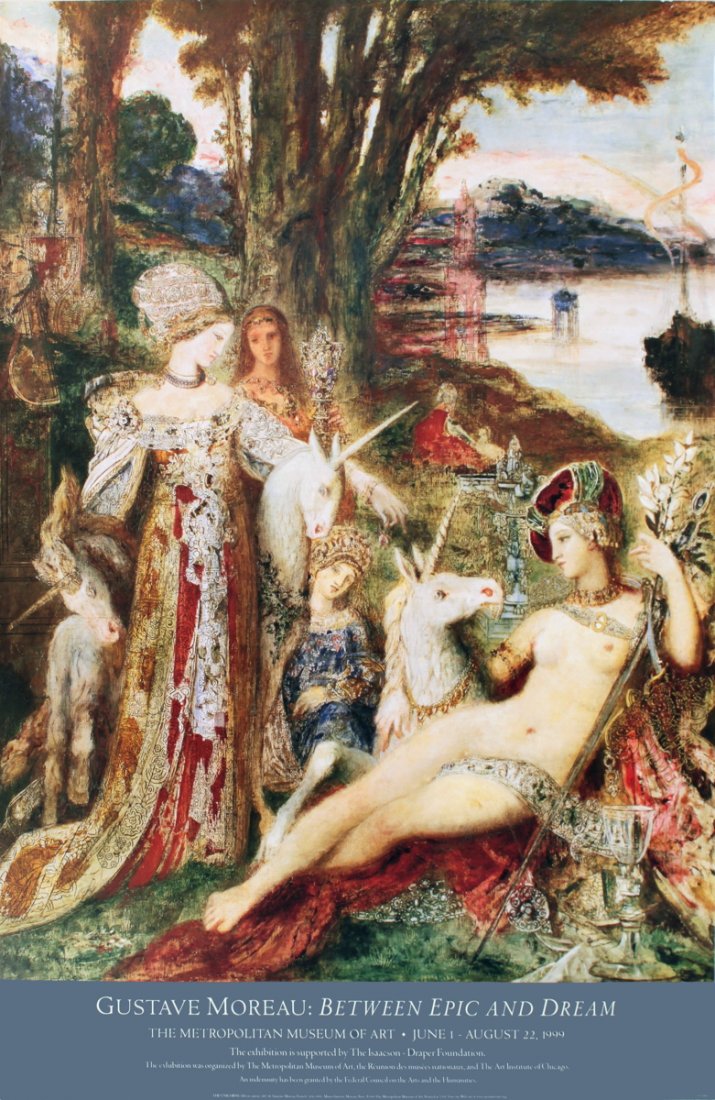 1999 Moreau The Unicorns Poster: Reference #: ULYY9257 Artist Name: Moreau, Jean Michel Title: The Unicorns Medium: offset Lithograph Edition Size: Unknown Year: 1999 Paper Size: 40 x 27 inches Image Size: 35.75 x 27 inches Condition