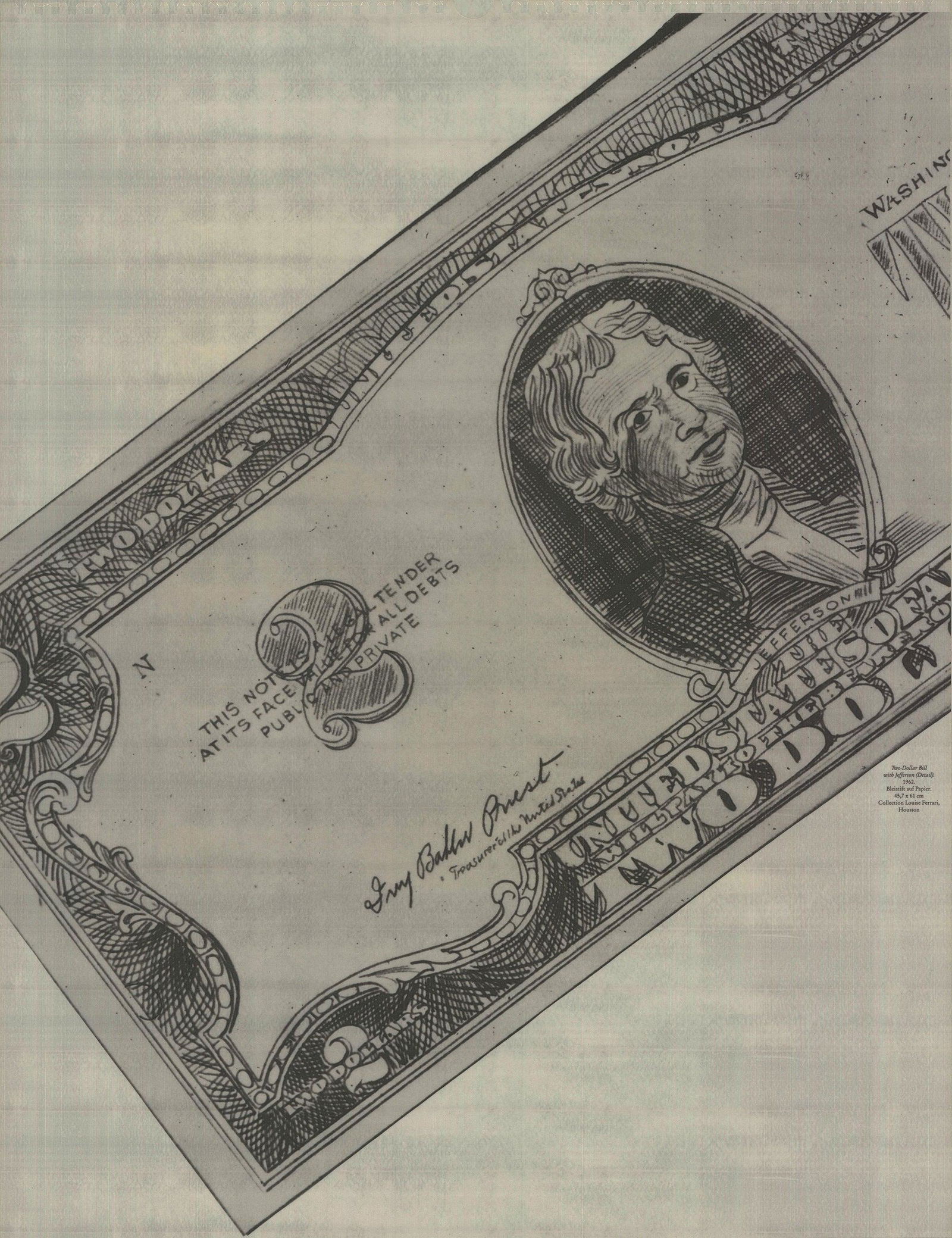 Andy Warhol - Two-Dollar Bill with Jefferson (Detail) - 1990 Offset Lithograph 24.5" x 19": "Two-Dollar Bill with Jefferson (Detail)" by Andy Warhol, 1990 Unsigned Offset Lithograph. Paper size is 24.5 x 19 inches, with an image size of 24.5 x 19 inches. The Offset Lithograph is from an unkn