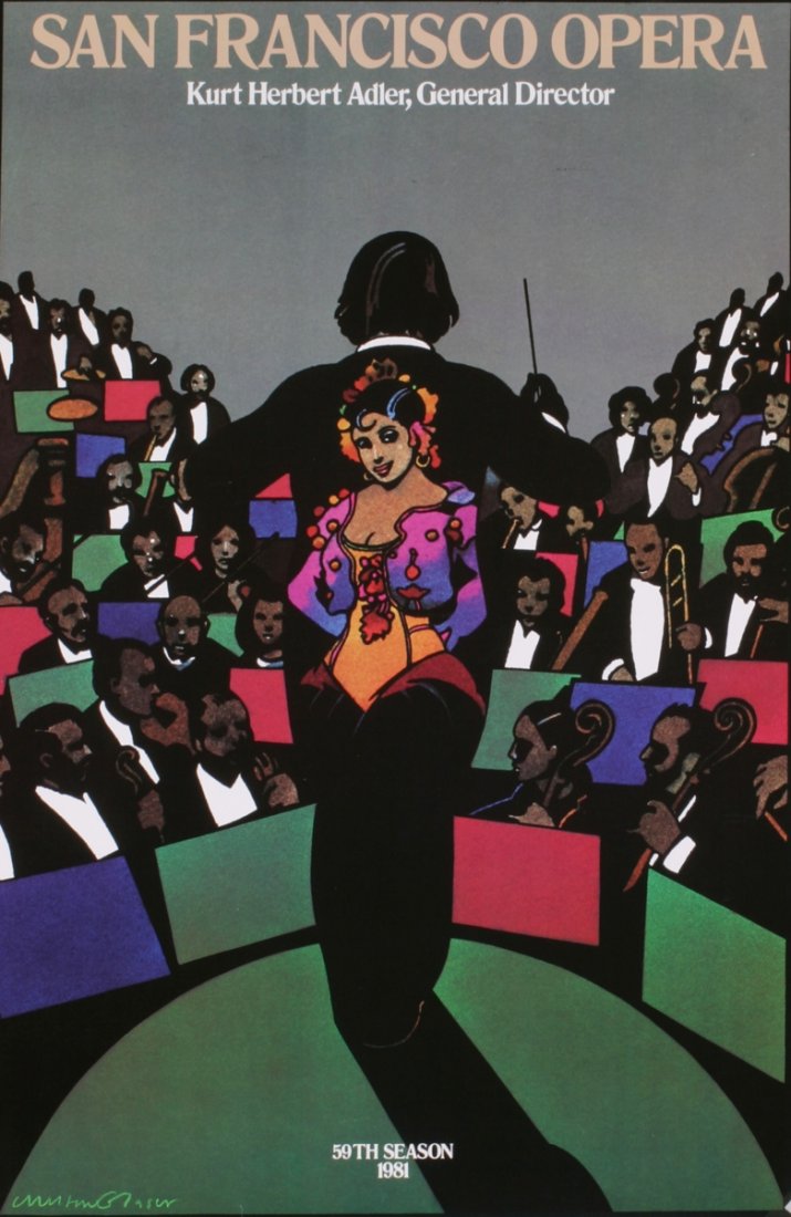1981 Glaser San Francisco Opera Poster: Reference #: ULEF9869 Artist Name: Glaser, Milton Title: San Francisco Opera Medium: Offset Lithograph Edition Size: Unknown Year: 1981 Paper Size: 36 x 24 inches Image Size: 36 x 24 inches Condition: