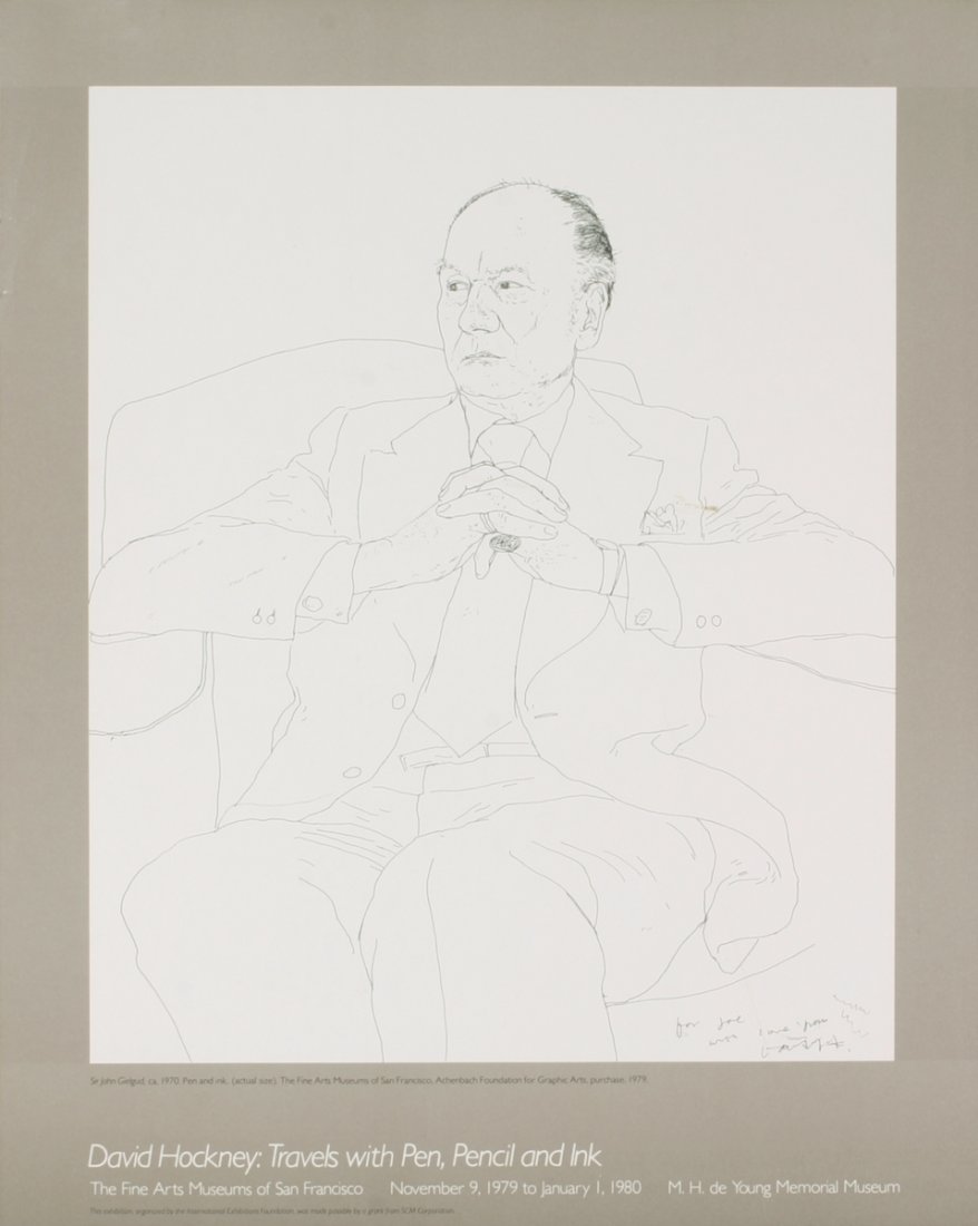 Hockney Sir John Gielgud Lithograph: Reference #: ULEF8210 Artist Name: Hockney, David Title: Sir John Gielgud Medium: Lithograph Edition Size: 2000 Year: Unknown Paper Size: 21.25 x 17 inches Image Size: 16.75 x 14 inches Condition: A: 