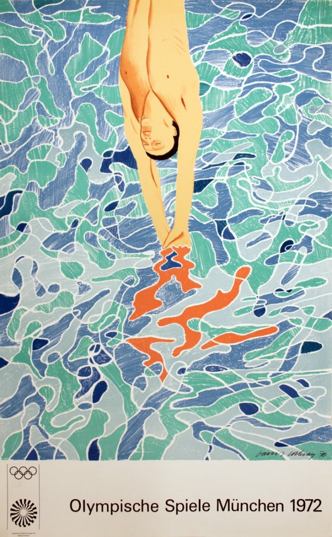 1972 Hockney Munich Olympics Poster: Reference #: ULXX8933 Artist Name: Hockney, David Title: Munich Olympics Medium: Offset Lithograph Edition Size: 10000 Year: 1972 Paper Size: 39.75 x 25 inches Image Size: 33.5 x 24.25 inches Conditio