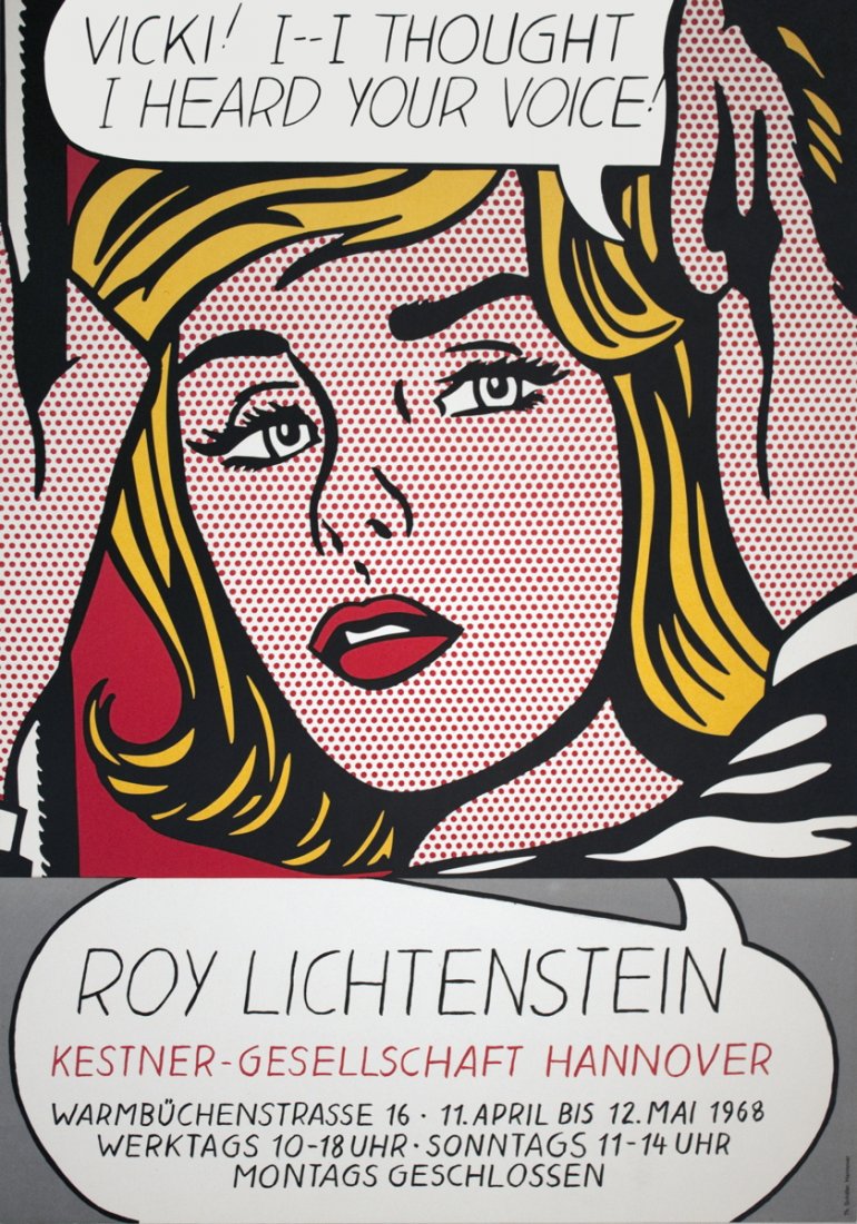 1968 Lichtenstein Vicki! Lithograph: Reference #: ULYY7873 Artist Name: Lichtenstein, Roy Title: Vicki! Medium: Lithograph Edition Size: Unknown Year: 1968 Paper Size: 23.25 x 16.5 inches Image Size: 16.75 x 16.5 inches Condition: A-: Ne