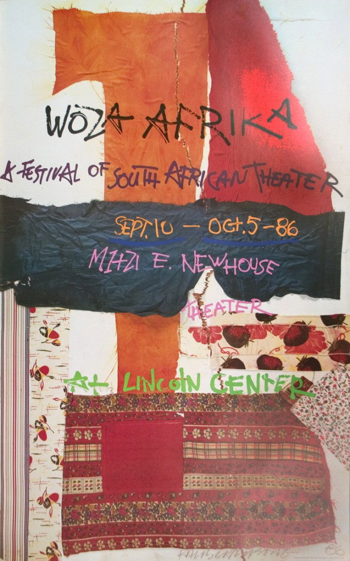 1986 Rauschenberg WOZA Africa Poster: Reference #: ULUP1027 Artist Name: Rauschenberg, Robert Title: WOZA Africa Medium: Offset Lithograph Edition Size: Open Year: 1986 Paper Size: 39 x 24 inches Image Size: 39 x 24 inches Condition: A: M