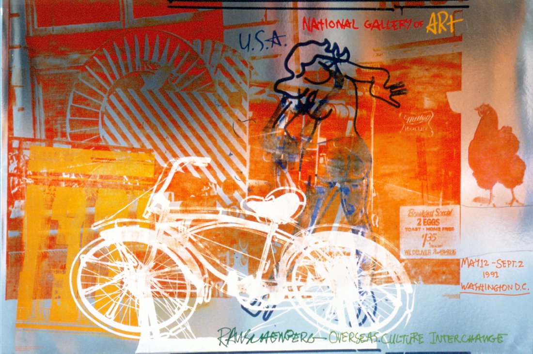 1992 Rauschenberg Bicycle Foil Print: Reference #: ULAW1984 Artist Name: Rauschenberg, Robert Title: Bicycle, National Gallery Medium: Foil Print Edition Size: 5000 Year: 1992 Paper Size: 39 x 26.5 inches Image Size: 39 x 26.5 inches Cond