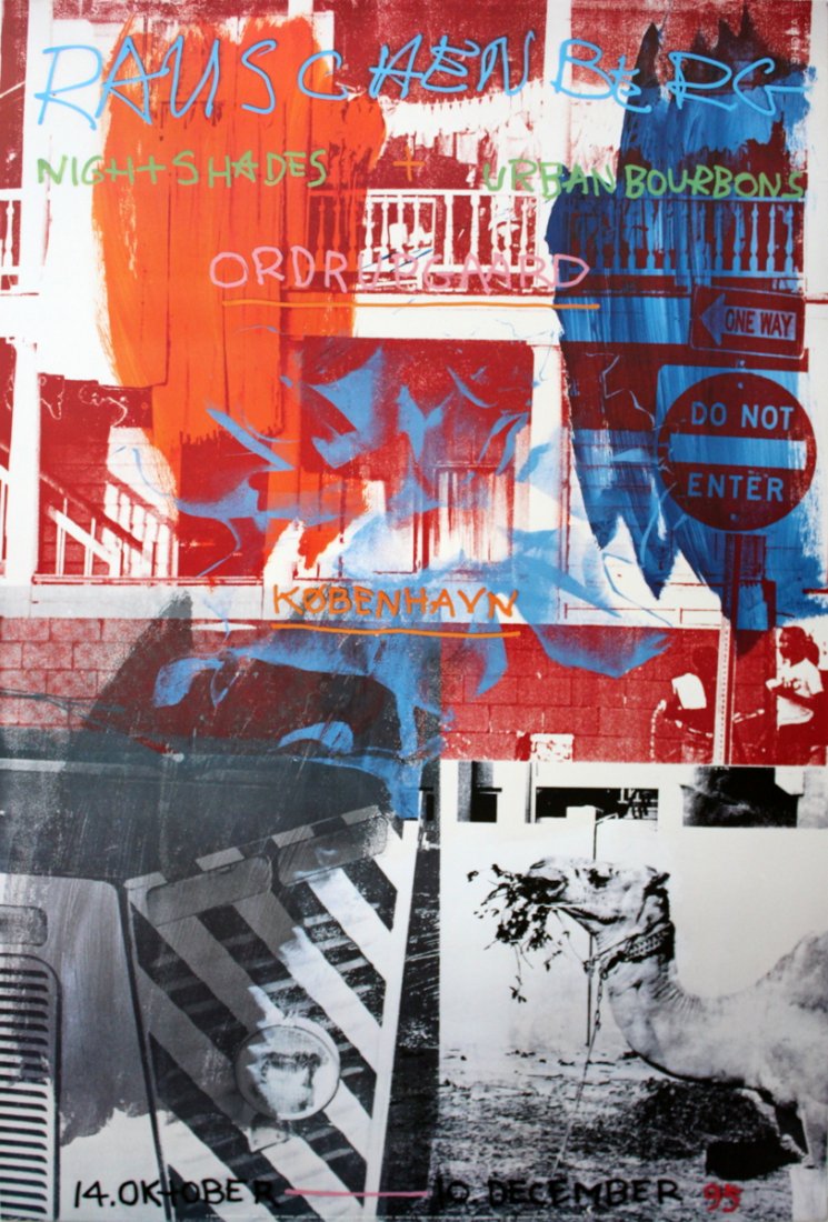 Rauschenberg Night Shades & Bourbons Poster: Reference #: ULGH1530 Artist Name: Rauschenberg, Robert Title: Night Shades + Urban Bourbons Medium: Offset Lithograph Edition Size: limited Year: Unknown Paper Size: 39.5 x 26 inches Image Size: 39.5