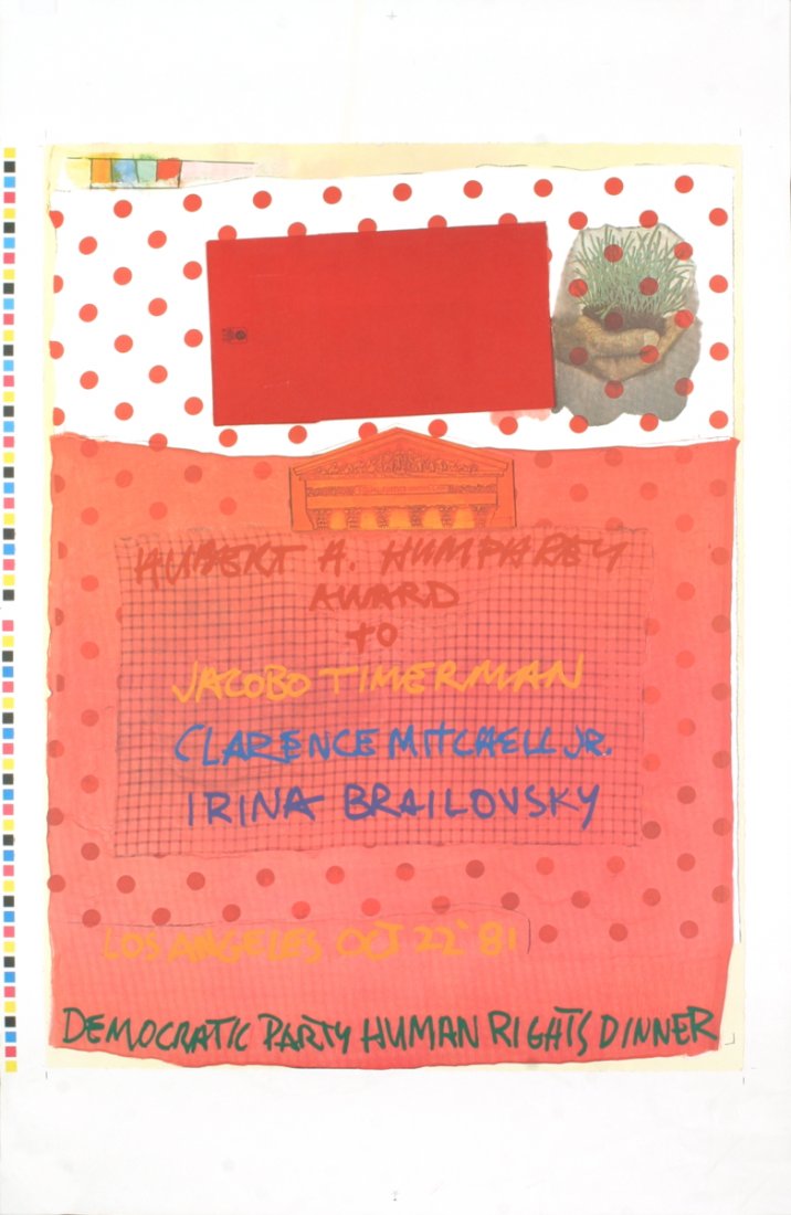 1981 Rauschenberg Human Rights Lithograph: Reference #: ULEF5482 Artist Name: Rauschenberg, Robert Title: Democratic Party Human Rights Dinner Medium: Lithograph Edition Size: Unknown Year: 1981 Paper Size: 40 x 26 inches Image Size: 30.5 x 26