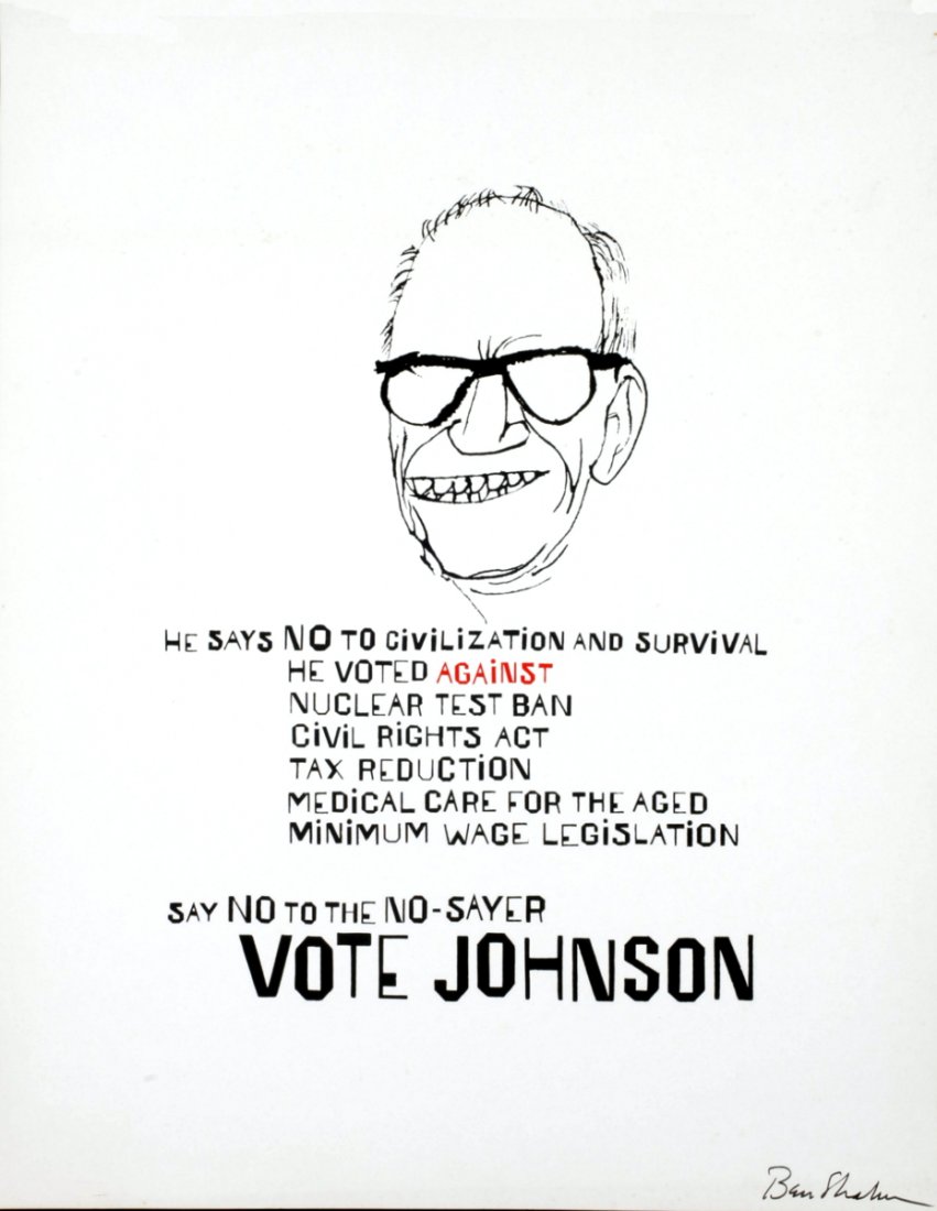 Signed 1964 Shahn Vote Johnson Serigraph: Reference #: ULYY7636-B Artist Name: Shahn, Ben Title: Vote Johnson Medium: Serigraph Edition Size: Unknown Year: 1964 Paper Size: 28 x 22 inches Image Size: 28 x 22 inches Condition: A-: Near Mint, v