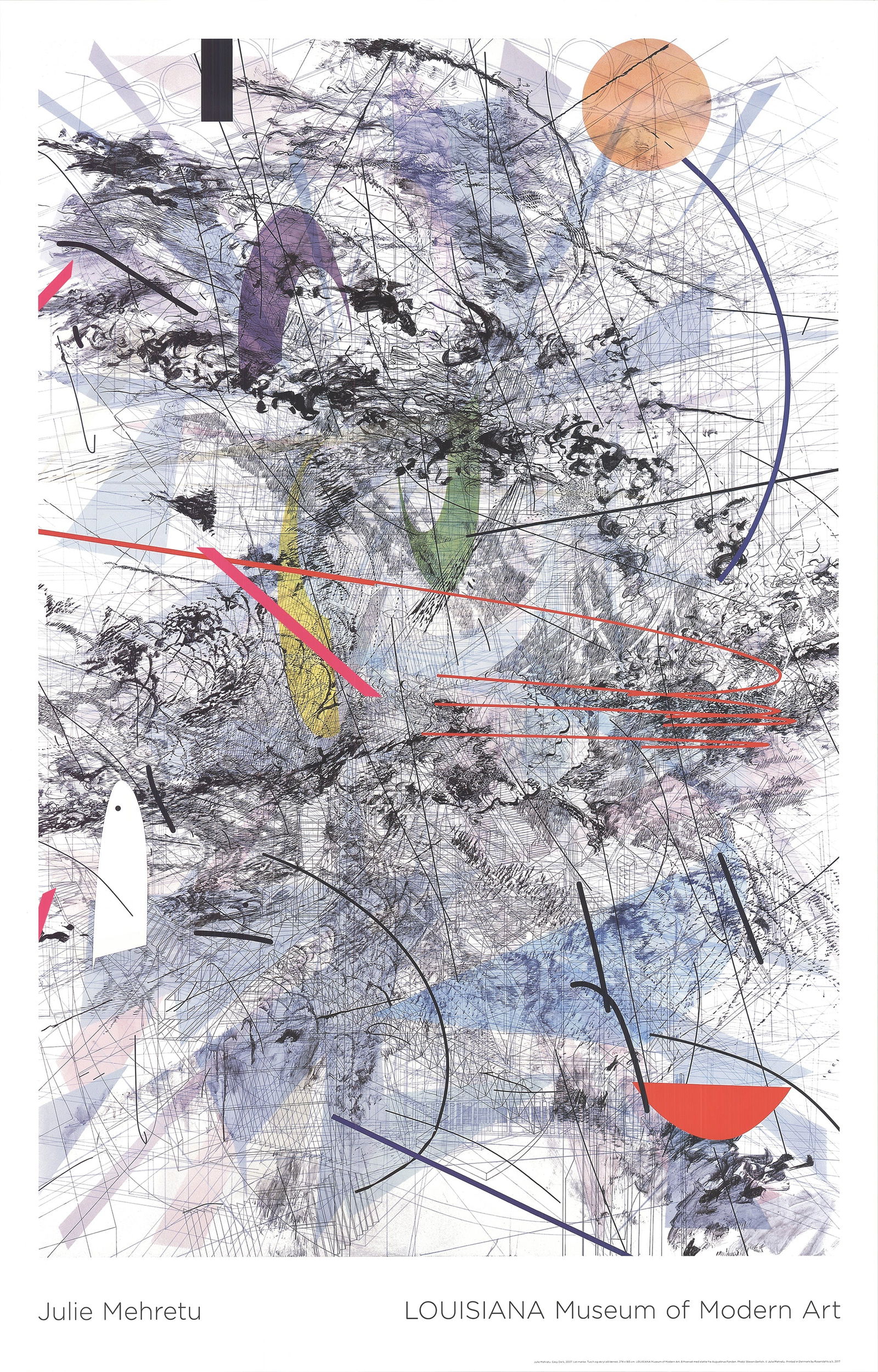 Julie Mehretu - Easy Dark - 2017 Offset Lithograph 55" x 35.25": "Easy Dark" by Julie Mehretu, 2017 Unsigned Offset Lithograph. Paper size is 55 x 35.25 inches, with an image size of 49 x 32.25 inches. The Offset Lithograph is from an unknown edition size. and is n