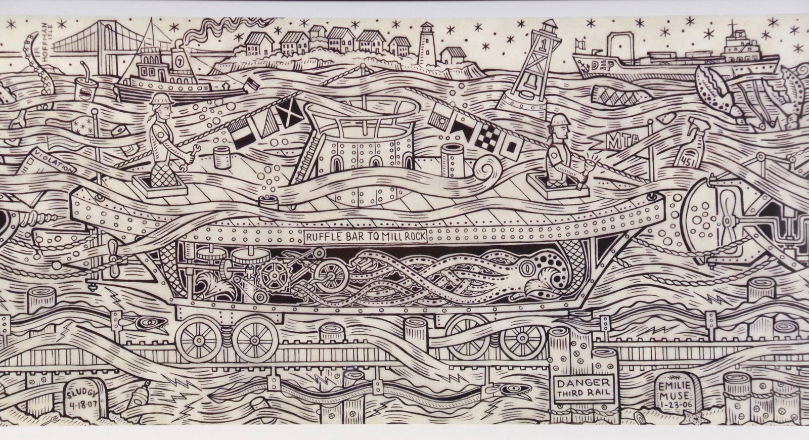 Duke Riley - The U Line - 2011 Serigraph - SIGNED 10" x 44": "The U Line" by Duke Riley, 2011 Signed Serigraph. Paper size is 10 x 44 inches, with an image size of 10 x 44 inches. The Serigraph is from an unknown edition size. and is currently framed. The condi