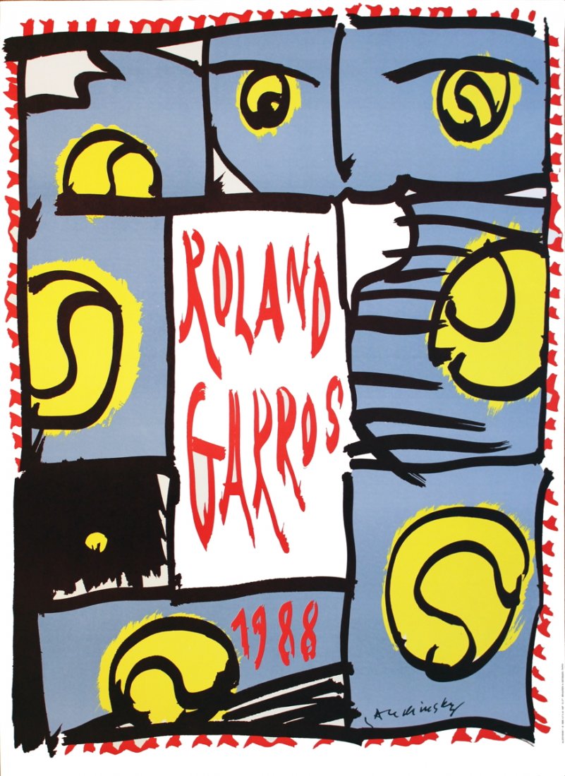 1988 Alechinsky Roland Garros Poster: Reference #: ULGH1180 Artist Name: Alechinsky, Pierre Title: Roland Garros Medium: Offset Lithograph Edition Size: 2000 Year: 1988 Paper Size: 28.75 x 21.25 inches Image Size: 28.75 x 21.25 inches Con