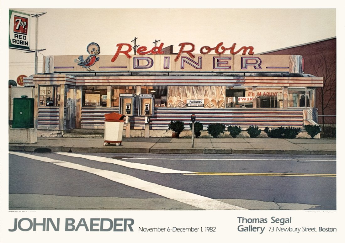 1982 Baeder Red Robin Diner Poster: Reference #: ULYY6013 Artist Name: Baeder, John Title: Red Robin Diner Medium: Offset Lithograph Edition Size: Unknown Year: 1982 Paper Size: 22 x 31.25 inches Image Size: 18.5 x 29.75 inches Conditio