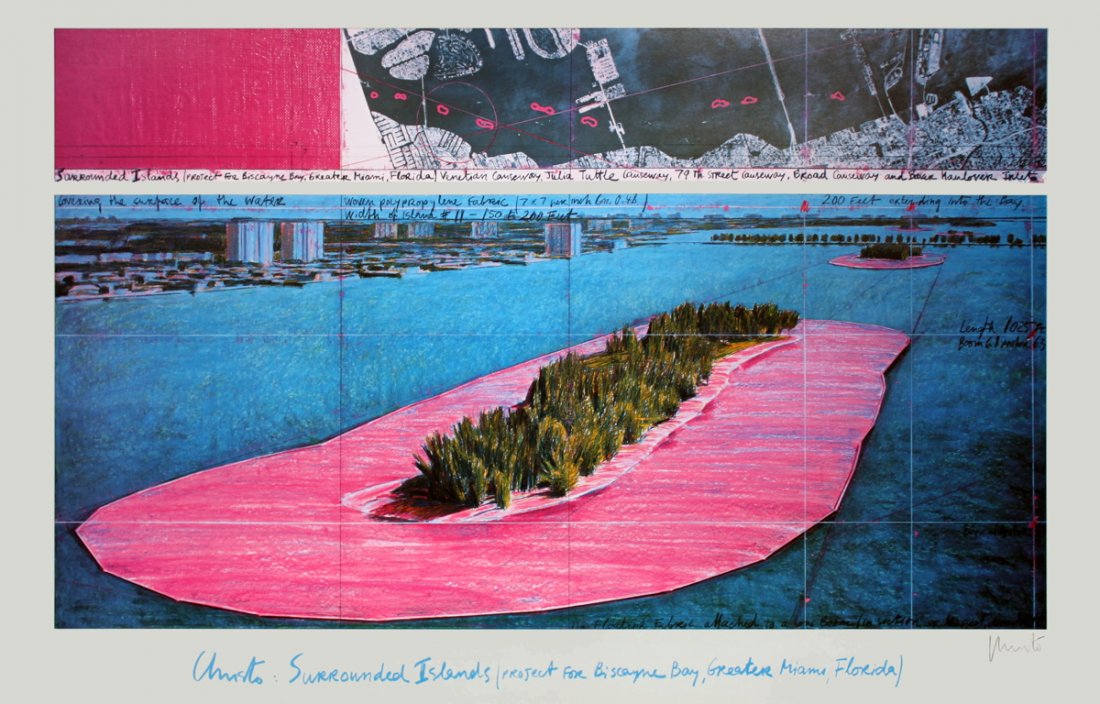 Signed Christo Surrounded Islands Poster: Reference #: ULYY9516-B Artist Name: Christo, Javacheff Title: Surrounded Islands, Miami Medium: Offset Lithograph Edition Size: Limited Year: 1982 Paper Size: 25 x 39 inches Image Size: 21.25 x 35 in