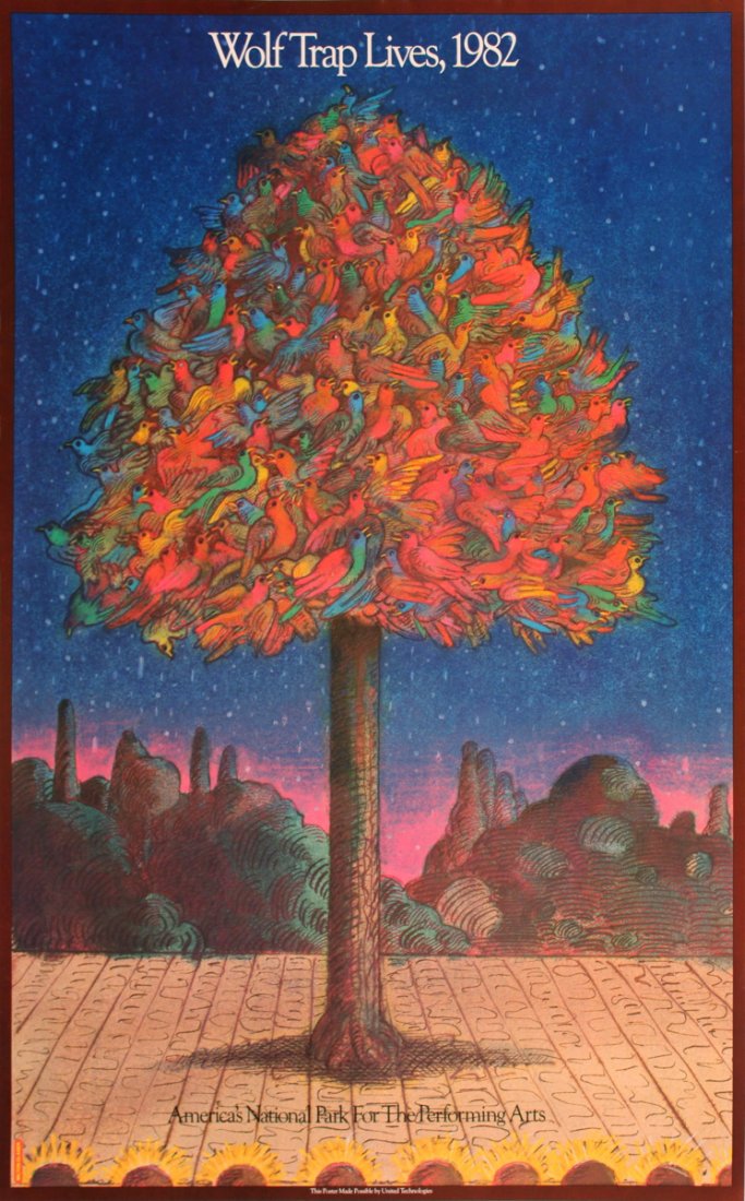 1982 Glaser Wolf Trap Lives Poster: Reference #: ULCB5081 Artist Name: Glaser, Milton Title: Wolf Trap Lives Medium: Offset Lithograph Edition Size: Unknown Year: 1982 Paper Size: 36 x 24 inches Image Size: 35 x 23 inches Condition: A-: