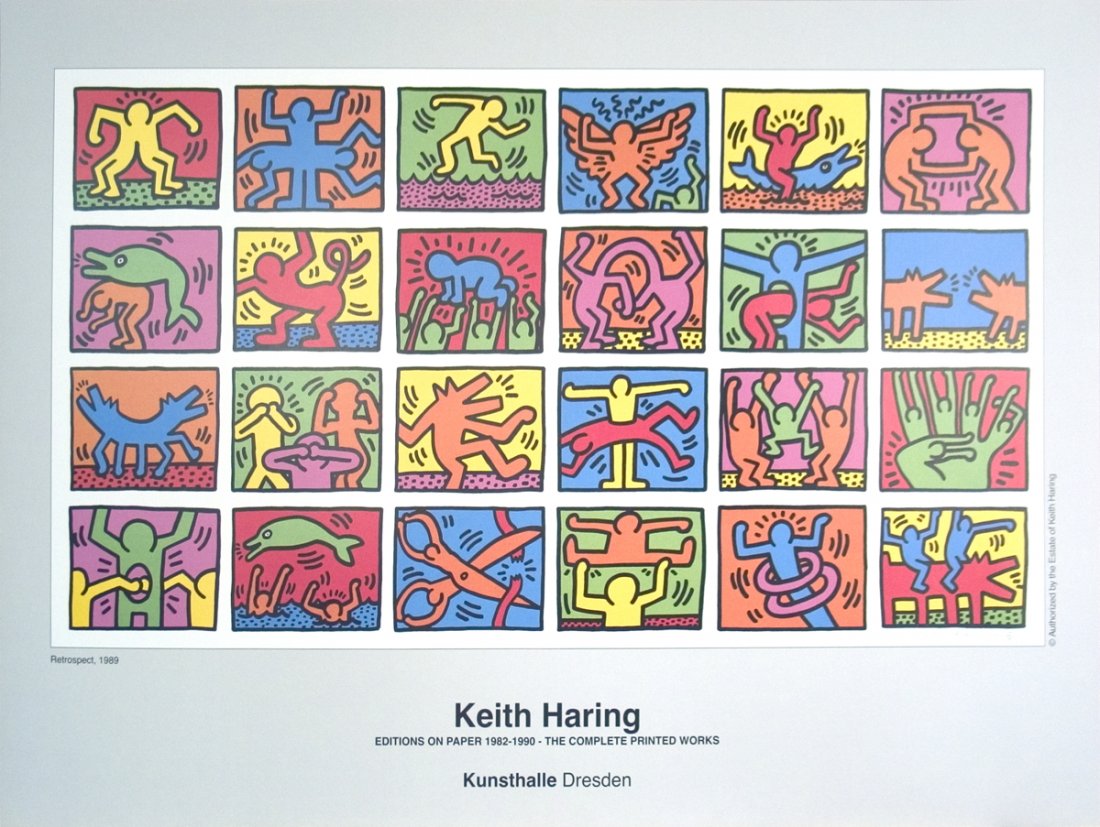 1989 Haring Retrospect Poster: Reference #: ULUP1119 Artist Name: Haring, Keith Title: Retrospect Medium: Offset Lithograph Edition Size: open Year: 1989 Paper Size: 23.5 x 31.5 inches Image Size: 16.25 x 29.75 inches Condition: A: