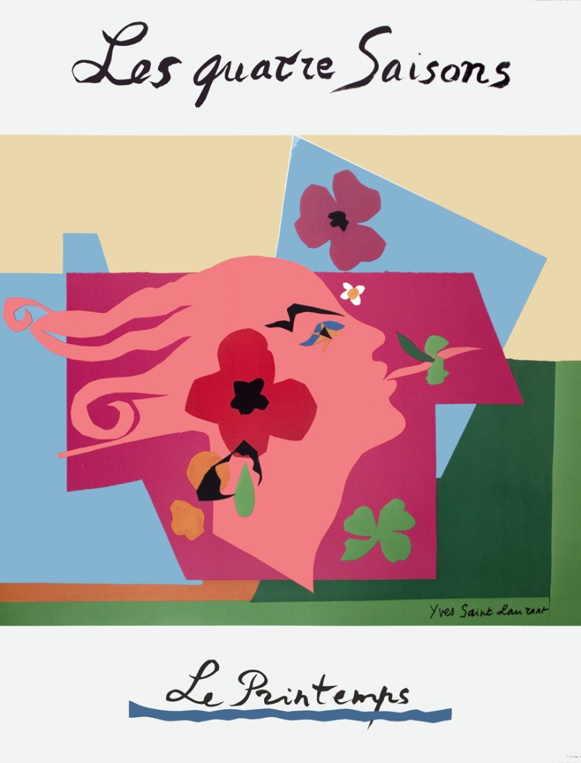 1983 Saint Laurent Le Printemps Poster: Reference #: ULYY8307 Artist Name: Saint Laurent, Yves Title: Le Quatre Saisons- Le Printemps Medium: Offset Lithograph Edition Size: Unknown Year: 1983 Paper Size: 31 x 24 inches Image Size: 20 x 24 