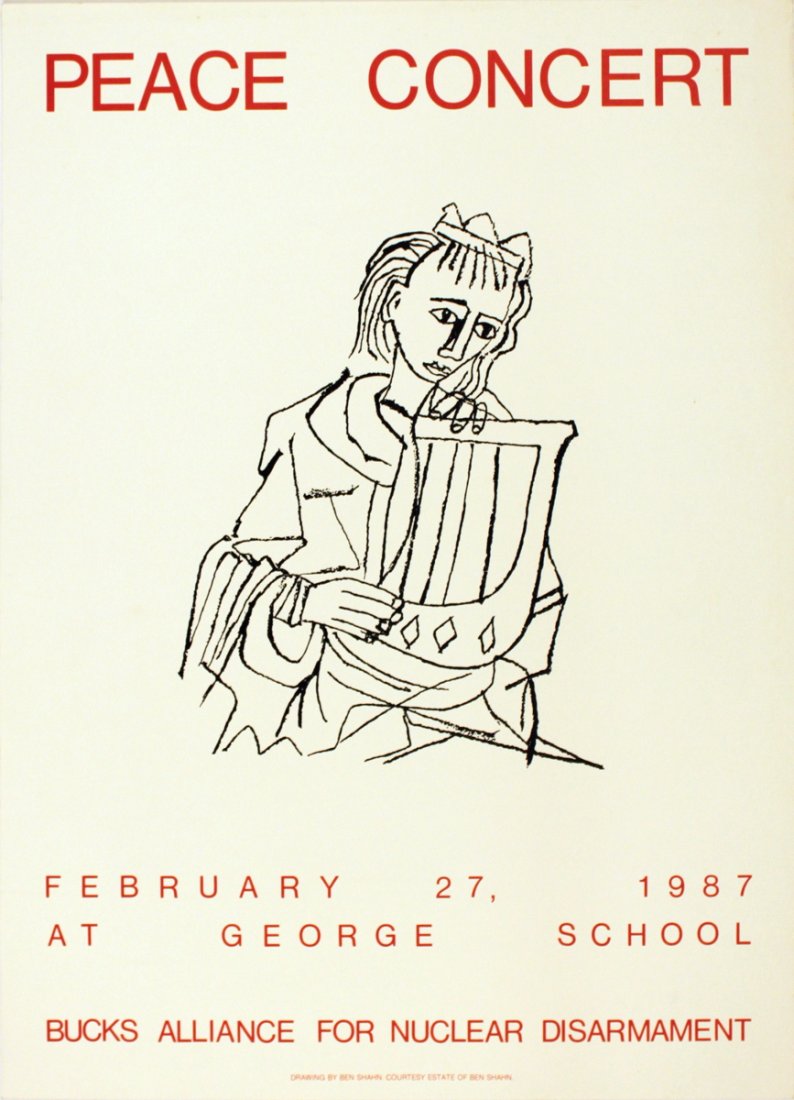 1987 Shahn Peace Concert Lithograph: Reference #: ULYY7620 Artist Name: Shahn, Ben Title: Peace Concert Medium: Lithograph Edition Size: Unknown Year: 1987 Paper Size: 20 x 15 inches Image Size: 10.25 x 8.25 inches Condition: A-: Near Mi