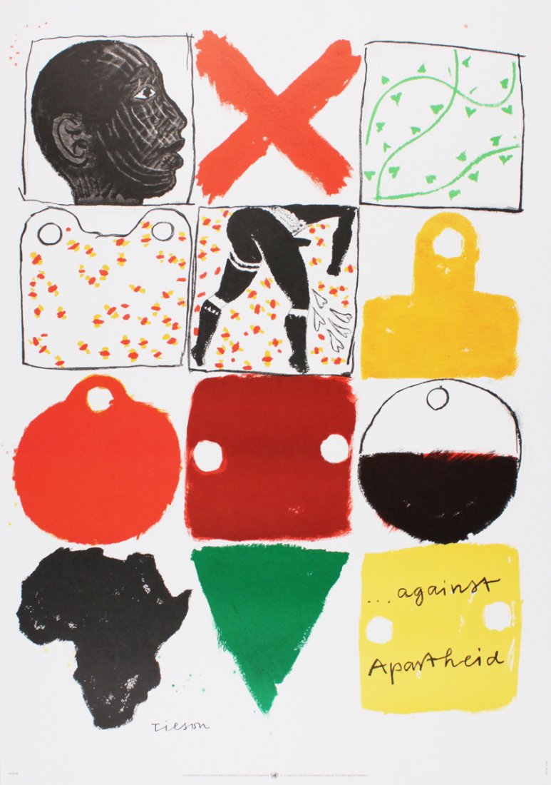 1983 Tilson Against Apartheid Lithograph: Reference #: ULXX7798 Artist Name: Tilson, Whitney Title: Against Apartheid Medium: Lithograph Edition Size: Unknown Year: 1983 Paper Size: 33.5 x 23.5 inches Image Size: 33.5 x 23.5 inches Condition: