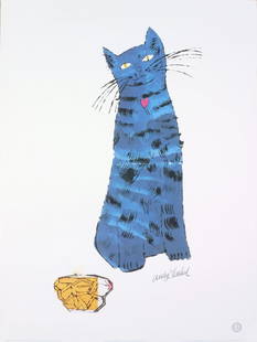 1989 Warhol Blue Cat & Perfume Bottle Poster: Reference #: ULYY8823 Artist Name: Warhol, Andy Title: Untitled (Blue Cat and Perfume Bottle) Medium: Offset Lithograph Edition Size: Unknown Year: 1989 Paper Size: 31.5 x 23.5 inches Image Size: 31.5