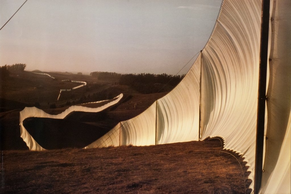 1976 Christo Running Fence, CA Poster: Reference #: ULYY1033 Artist Name: Christo, Javacheff Title: Running Fence, Sonoma and Marin Counties, California Medium: Offset Lithograph Edition Size: Unknown Year: 1976 Paper Size: 25 x 37.25 inch