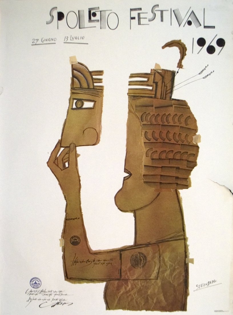 1969 Steinberg Spoleto Festival Lithograph: Reference #: ULEF218 Artist Name: Steinberg, Saul Title: Spoleto Festival Medium: Lithograph Edition Size: 2500 Year: 1969 Paper Size: 39 x 26.5 inches Image Size: 39 x 26.5 inches Condition: D: Heavy