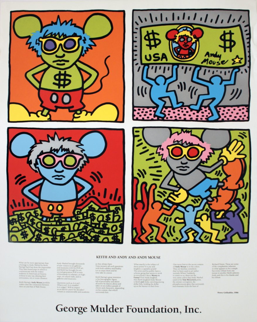 Haring Keith and Andy and Andy Mouse Serigraph: Reference #: ULCB5107 Artist Name: Haring, Keith Title: Keith and Andy and Andy Mouse Medium: Serigraph Edition Size: 300 Year: 1986 Paper Size: 39.25 x 30.75 inches Image Size: 28.5 x 28.5 inches Con