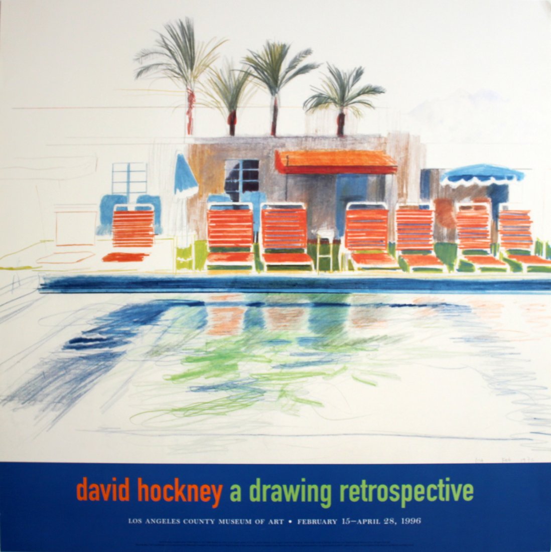 1996 Hockney Eight Sunchairs by a Pool Poster: Reference #: ULGH1518 Artist Name: Hockney, David Title: Eight Sunchairs by a Pool Medium: Offset Lithograph Edition Size: unknown Year: 1996 Paper Size: 26.75 x 26.75 inches Image Size: 22.25 x 26.75