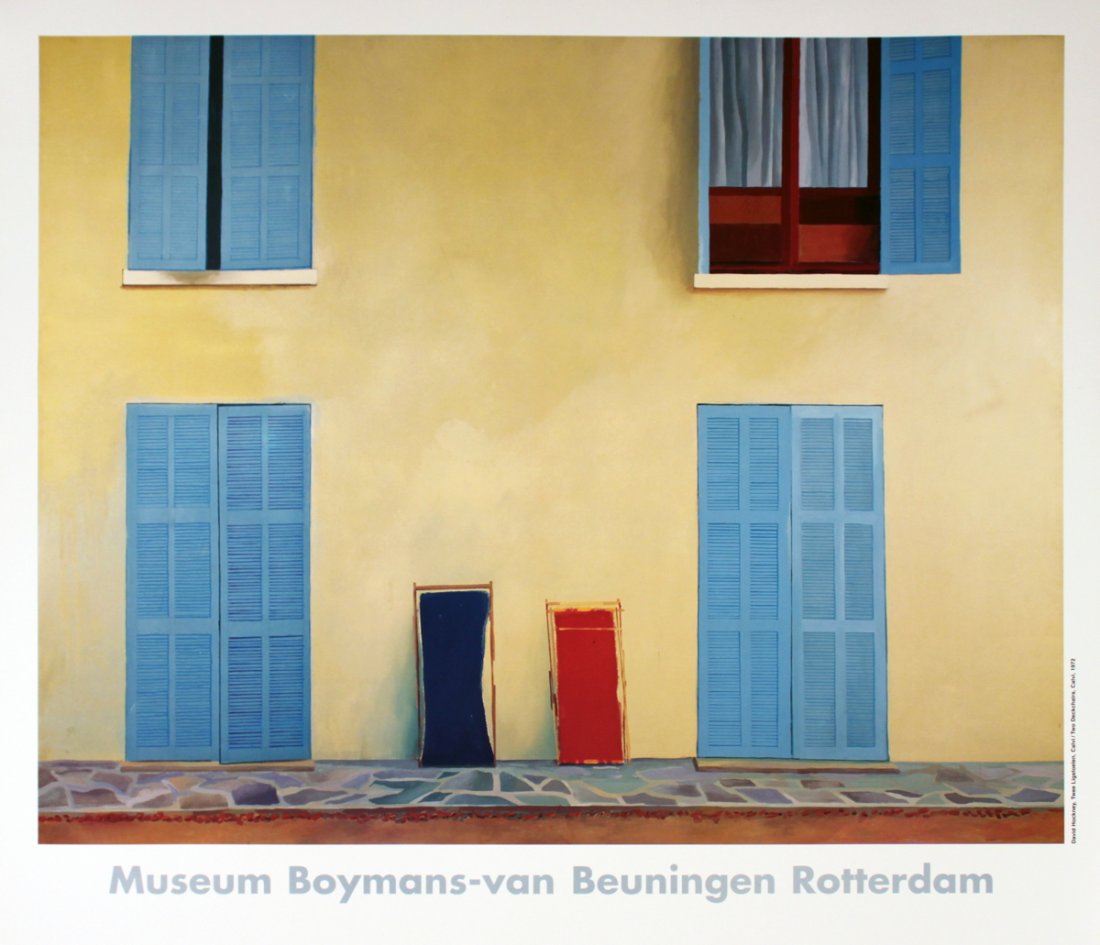 1988 Hockney Two Deck Chairs Poster: Reference #: ULCB5072 Artist Name: Hockney, David Title: Two Deck Chairs Medium: Offset Lithograph Edition Size: unknown Year: 1988 Paper Size: 28 x 31.75 inches Image Size: 23.75 x 29.5 inches Condit