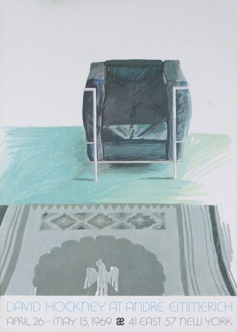 1969 Hockney Corbusier Chair and Rug (lg) Litho: Reference #: ULEF172 Artist Name: Hockney, David Title: Corbusier Chair and Rug (lg) Medium: Lithograph Edition Size: 1000 Year: 1969 Paper Size: 36.75 x 26.25 inches Image Size: 36.75 x 26.25 inches
