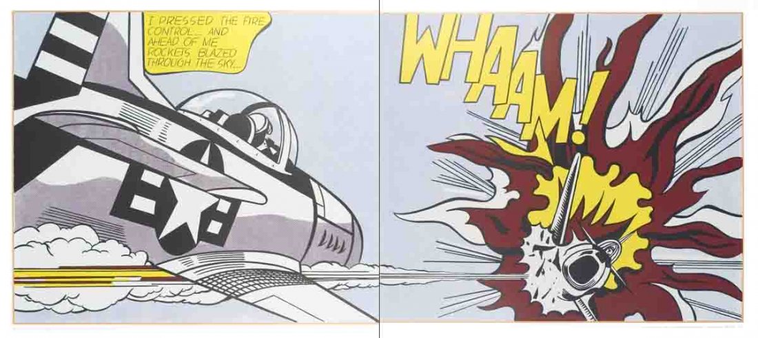 2007 Lichtenstein Whaam (Diptych) Poster: Reference #: ULYY1046 Artist Name: Lichtenstein, Roy Title: Whaam (Diptych) Medium: Offset Lithograph Edition Size: Unknown Year: 2007 Paper Size: 21.25 x 47 inches Image Size: 19.25 x 45 inches Condi