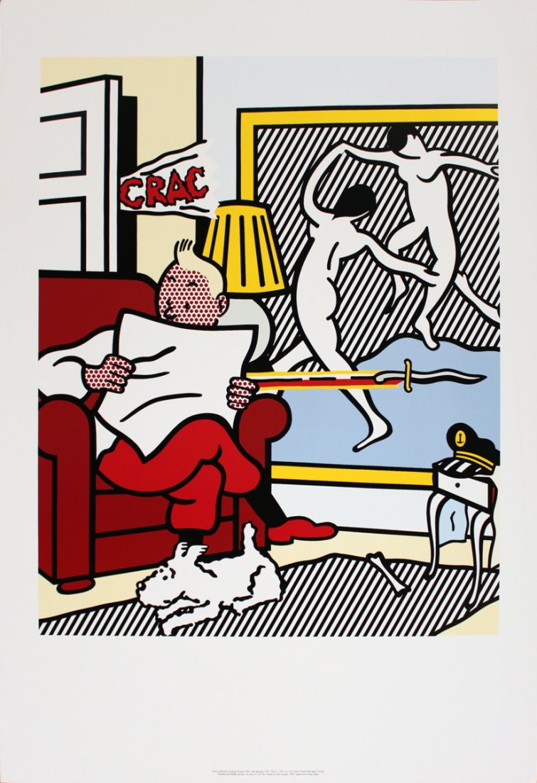 1994 Lichtenstein Tintin Reading Poster: Reference #: ULGH1075 Artist Name: Lichtenstein, Roy Title: Tintin Reading Medium: Offset Lithograph Edition Size: Unknown Year: 1994 Paper Size: 39 x 27.5 inches Image Size: 29 x 23.25 inches Conditi