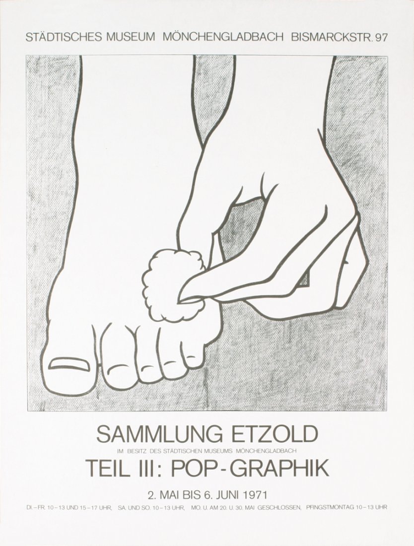 1971 Lichtenstein Foot Medication Poster: Reference #: ULEF9432 Artist Name: Lichtenstein, Roy Title: Foot Medication Medium: Offset Lithograph Edition Size: Unknown Year: 1971 Paper Size: 24 x 18.25 inches Image Size: 15.75 x 15.75 inches Co