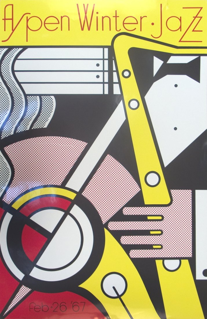 1967 Lichtenstein Aspen Jazz Serigraph: Reference #: ULAE1129 Artist Name: Lichtenstein, Roy Title: Aspen Jazz Medium: Serigraph Edition Size: 2000 Year: 1967 Paper Size: 40 x 26 inches Image Size: 40 x 26 inches Condition: A-: Near Mint, v