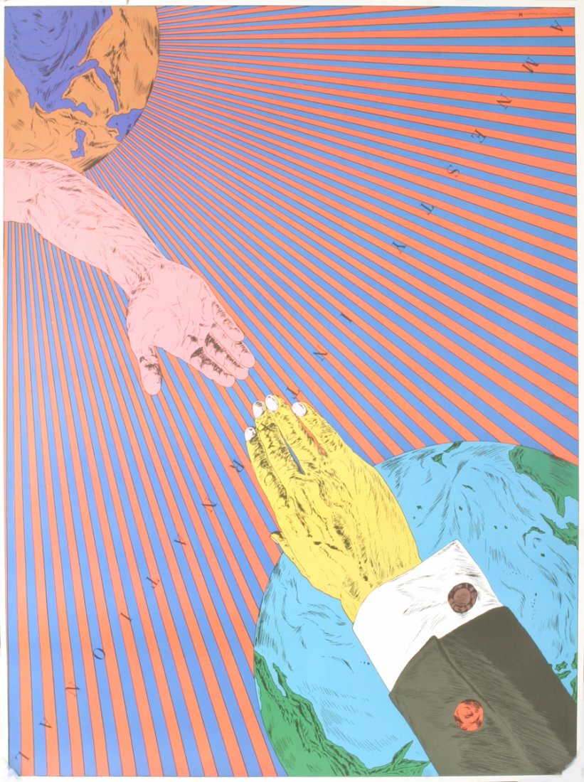 1977 Yokoo Amnesty International Lithograph: Reference #: ULEF6093 Artist Name: Yokoo, Tadanori Title: Amnesty International Medium: Lithograph Edition Size: Unknown Year: 1977 Paper Size: 32.25 x 24.25 inches Image Size: 31.75 x 23.5 inches Con
